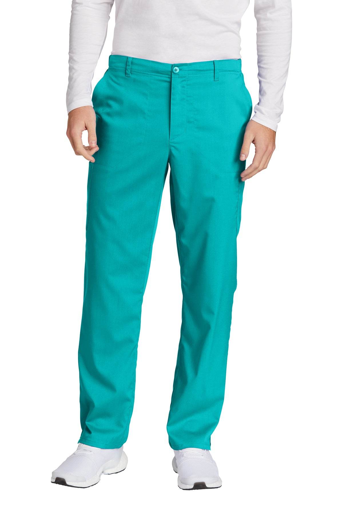 Men's Wink Premiere Flex Cargo Scrubs in teal, featuring multiple pockets and a comfortable fit for medical workwear.
