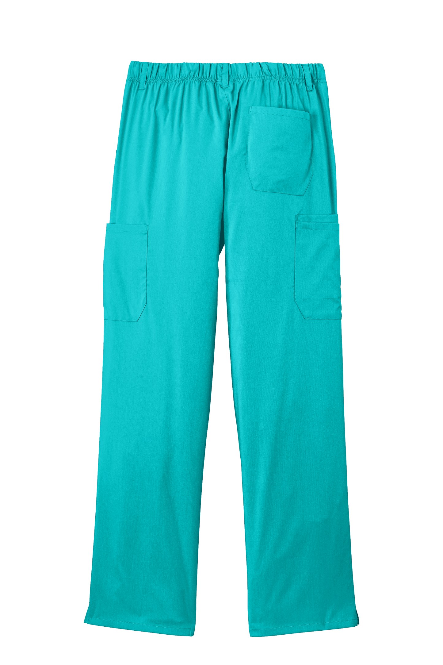 Men's Wink Premiere Flex Cargo Scrubs in teal, showing back view with functional pockets and flexible waistband for medical workwear.