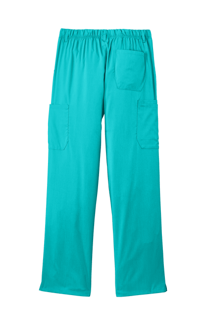 Men's Wink Premiere Flex Cargo Scrubs in teal, showing back view with functional pockets and flexible waistband for medical workwear.
