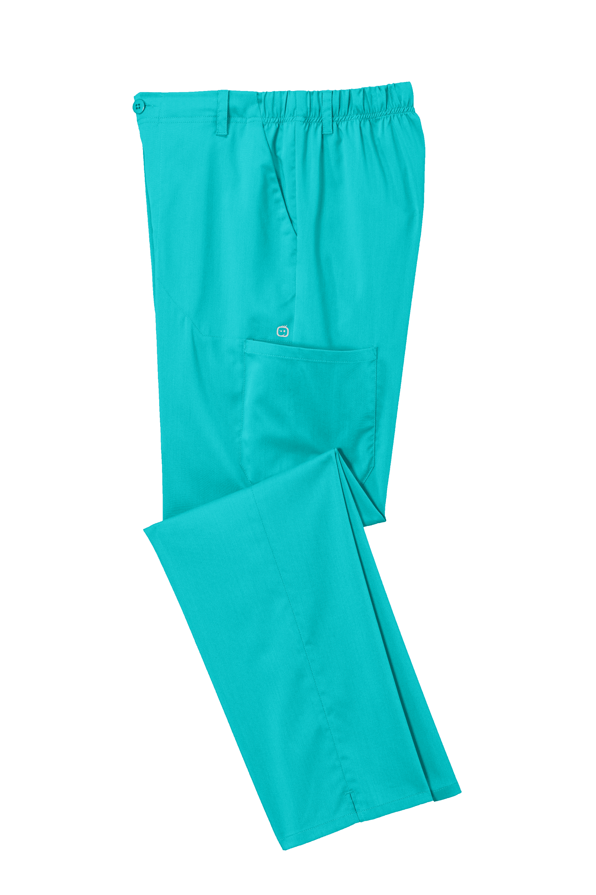 Men's Wink Premiere Flex Cargo Scrubs in teal, folded, showing comfortable workwear with multiple cargo pockets.