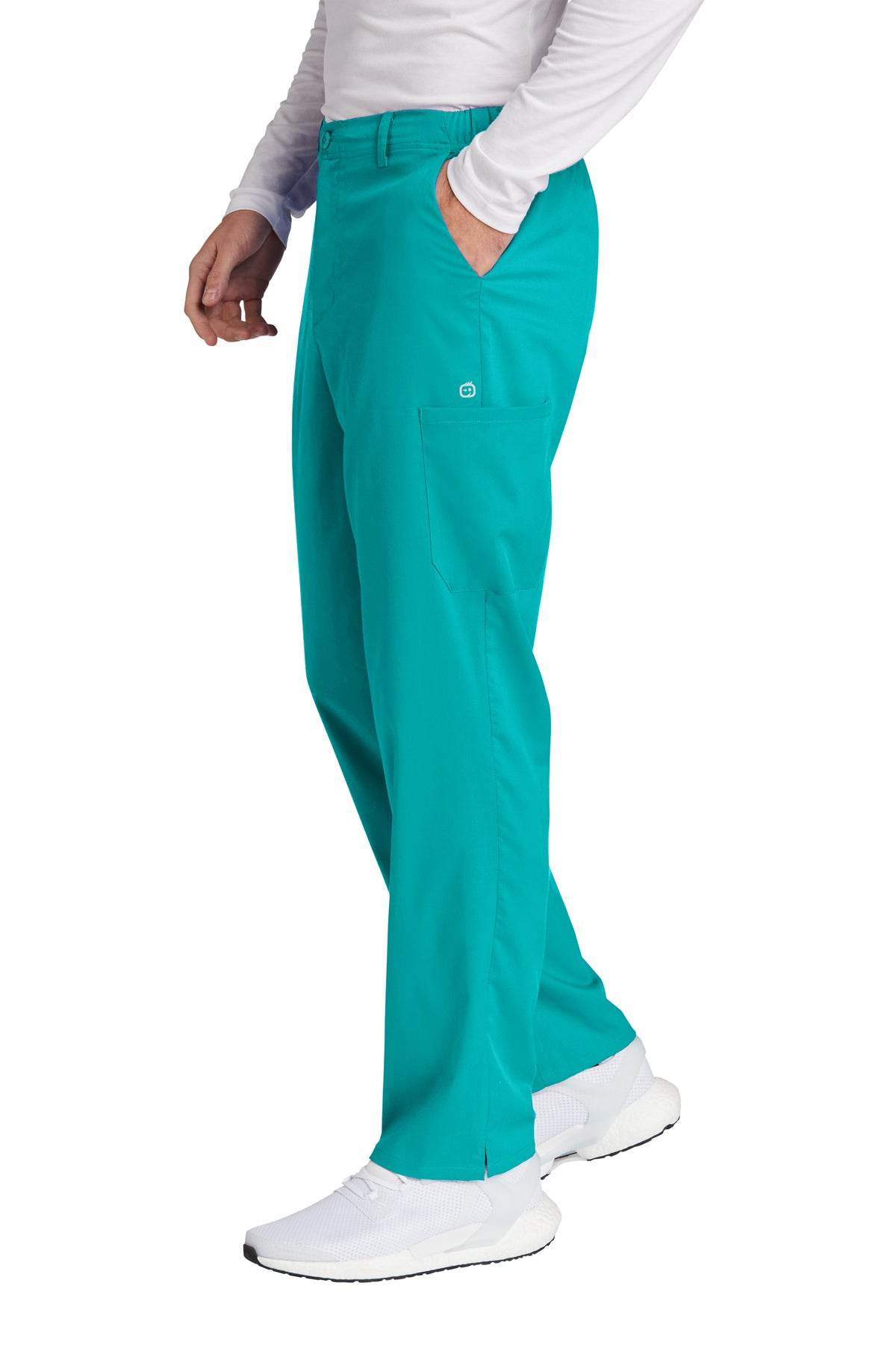 Men's Wink Premiere Flex cargo scrub pants in teal, side view showing relaxed fit and functional pockets for medical workwear.
