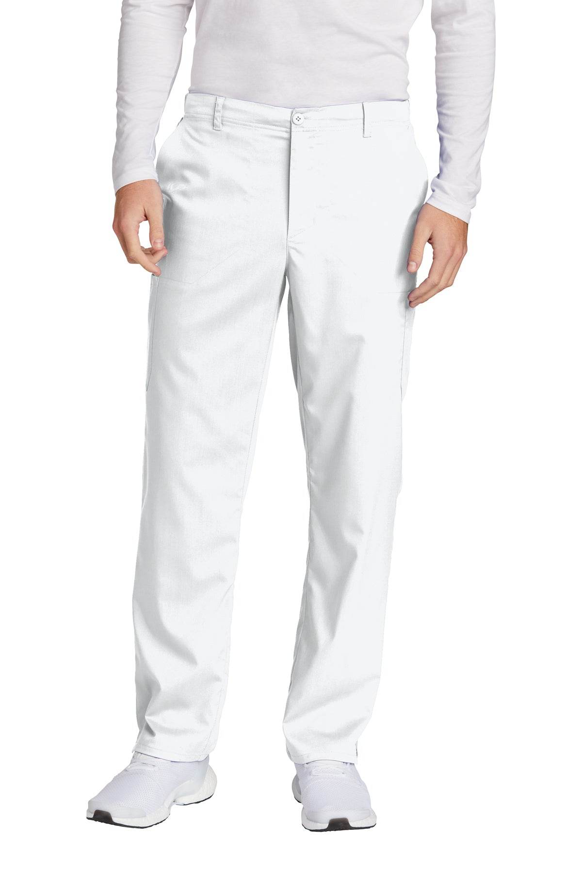 Men's Wink Premiere Flex Cargo Scrubs in white with print design, featuring functional pockets and comfortable fit for medical workwear.