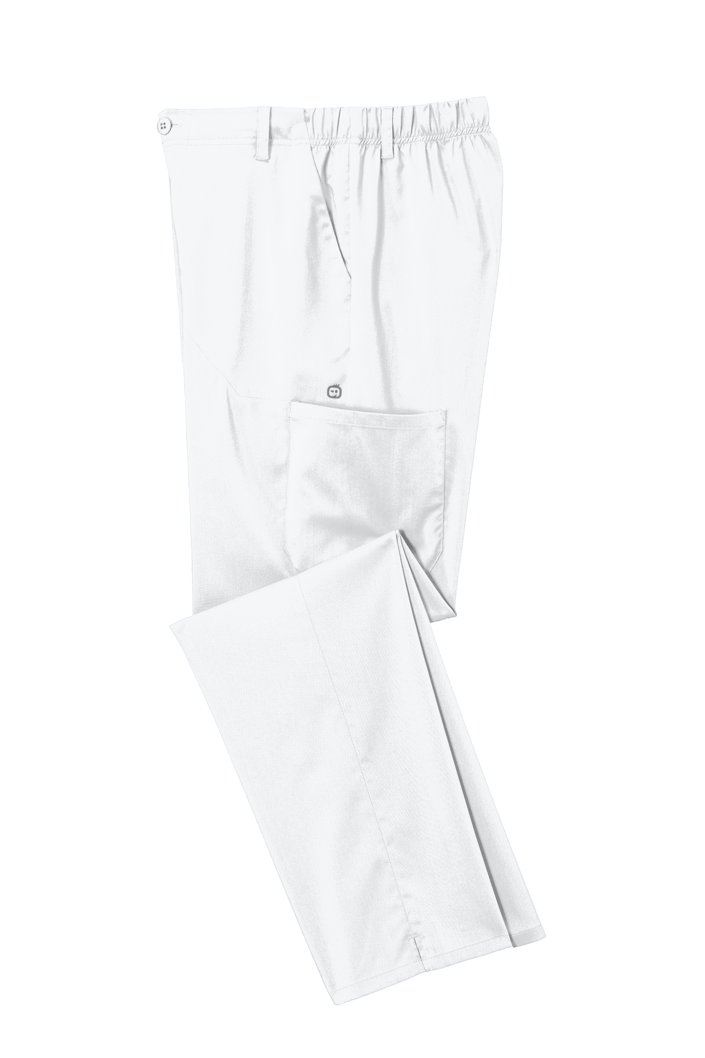 White men's Premiere Flex cargo scrub pants by Wink, shown folded with printed details on the fabric for medical workwear.