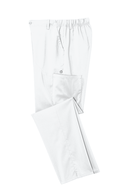 White men's Premiere Flex cargo scrub pants by Wink, shown folded with printed details on the fabric for medical workwear.