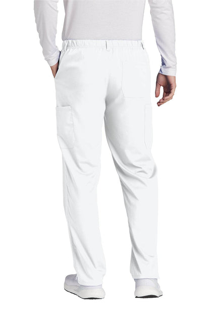 Men's Wink Premiere Flex Cargo Scrubs in white, showing back view with multiple pockets and comfortable fit.