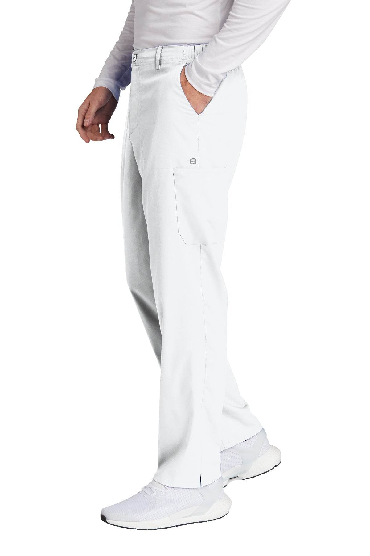 Men's Wink Premiere Flex Cargo Scrubs in white, shown from side view with printed design, designed for medical workwear.