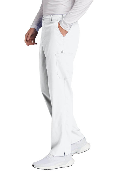 Men's Wink Premiere Flex Cargo Scrubs in white, shown from side view with printed design, designed for medical workwear.