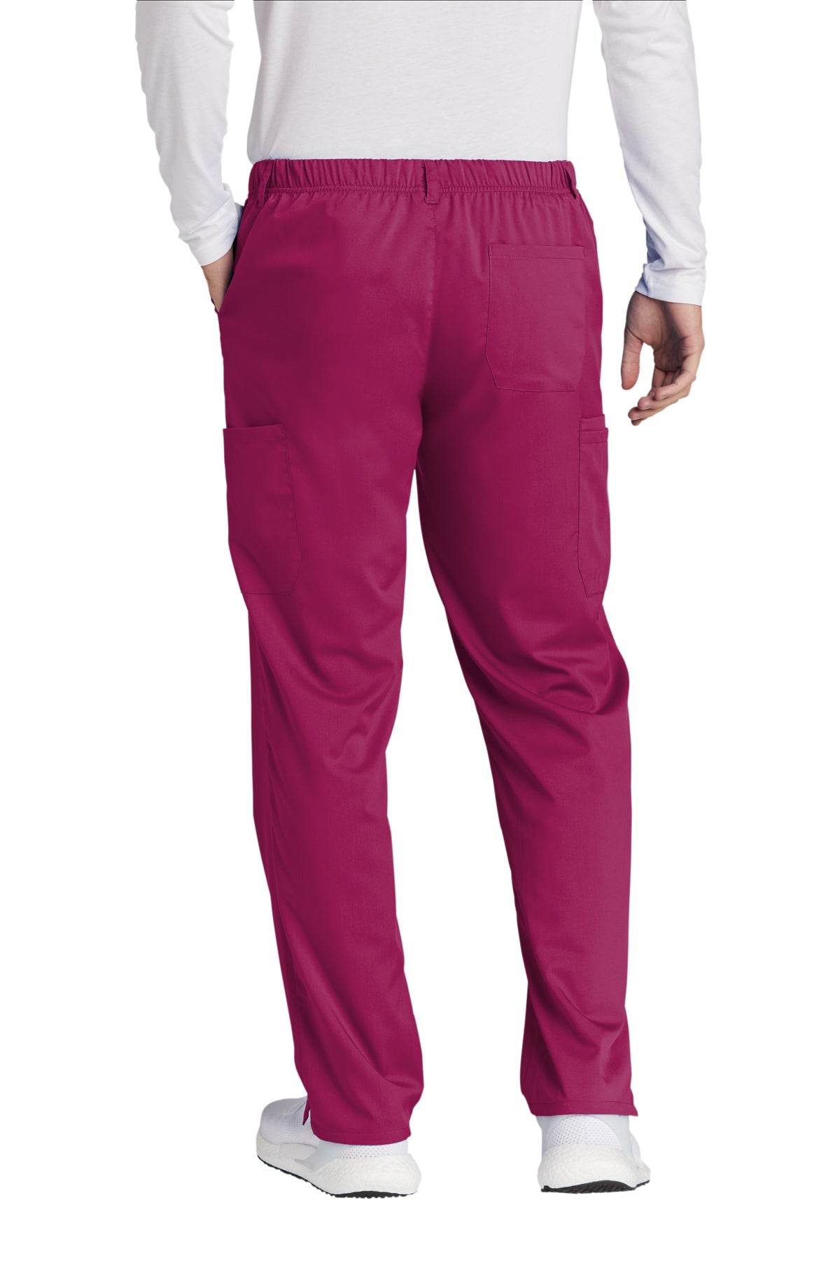 Men's Wink Premiere Flex Cargo Scrubs in wine color, back view showing comfortable fit and functional pockets for medical workwear.