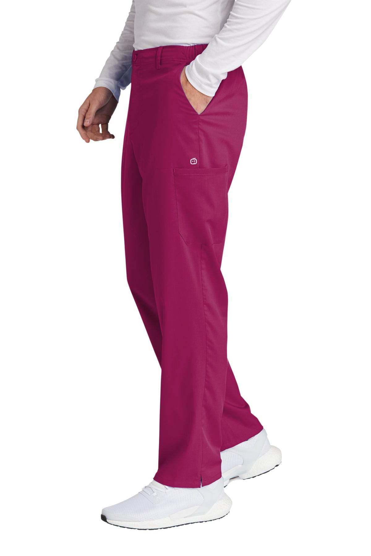 Men's Wink Premiere Flex Cargo Scrubs in wine color, side view showing durable fabric and functional pockets.