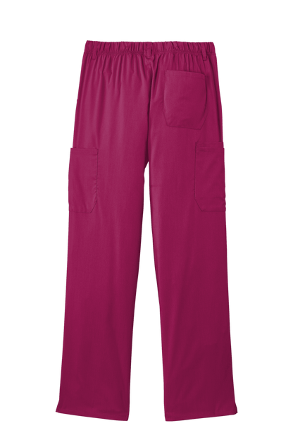 Men's Wink Premiere Flex Cargo Scrubs in wine color, showing the back view with multiple cargo pockets and comfortable fit.