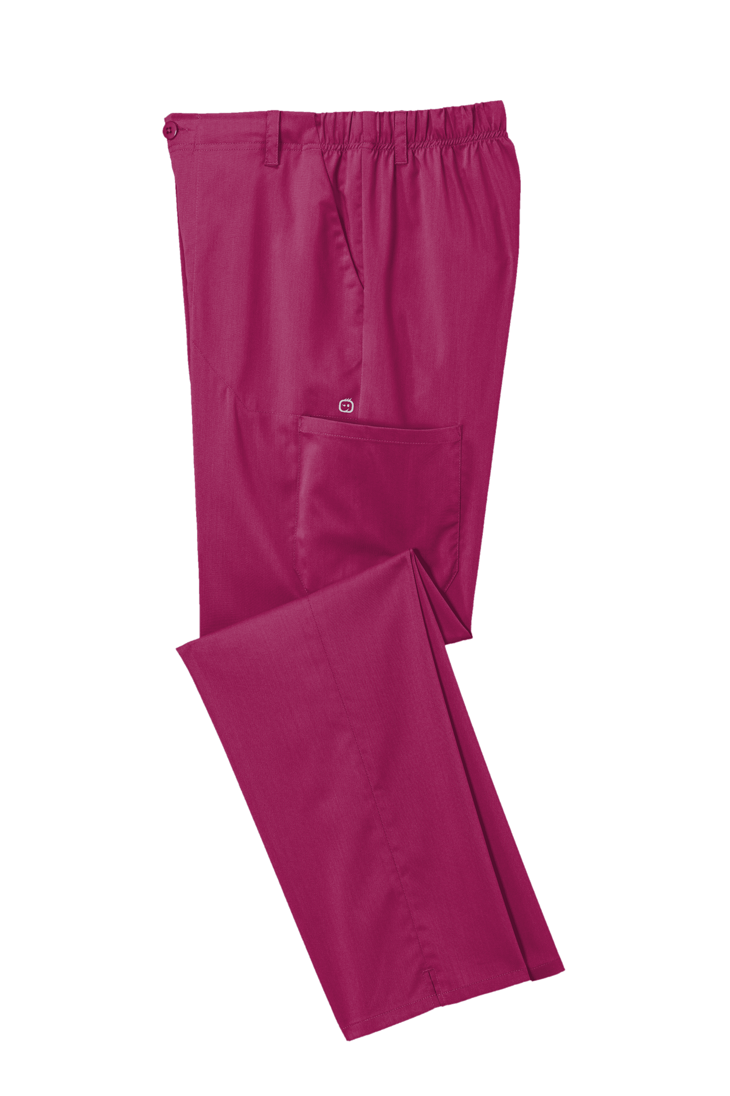 Men's Wink Premiere Flex Cargo Scrubs in wine color, folded, featuring multiple cargo pockets and comfortable medical workwear design.