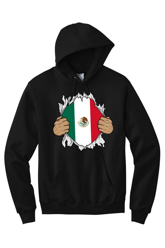 Black Mexico flag hoodie sweatshirt by Print-View with a ripped open design, showcasing vibrant Mexican flag details.