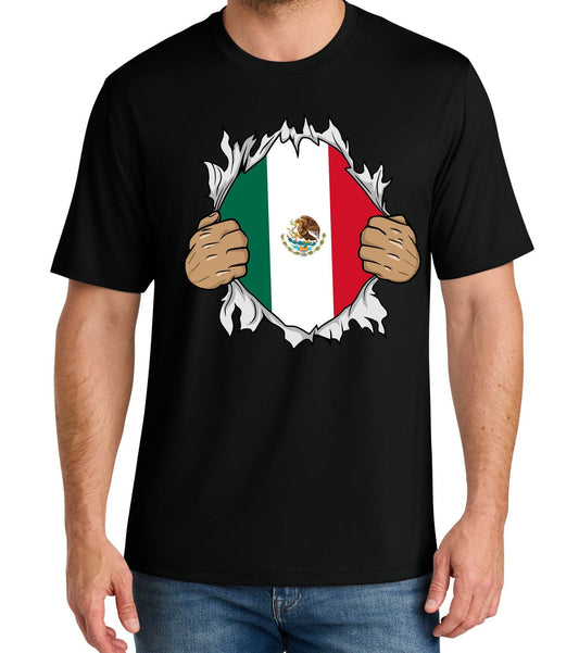 Black short sleeve T-shirt by Print-View featuring a ripped open Mexico flag design on the front.