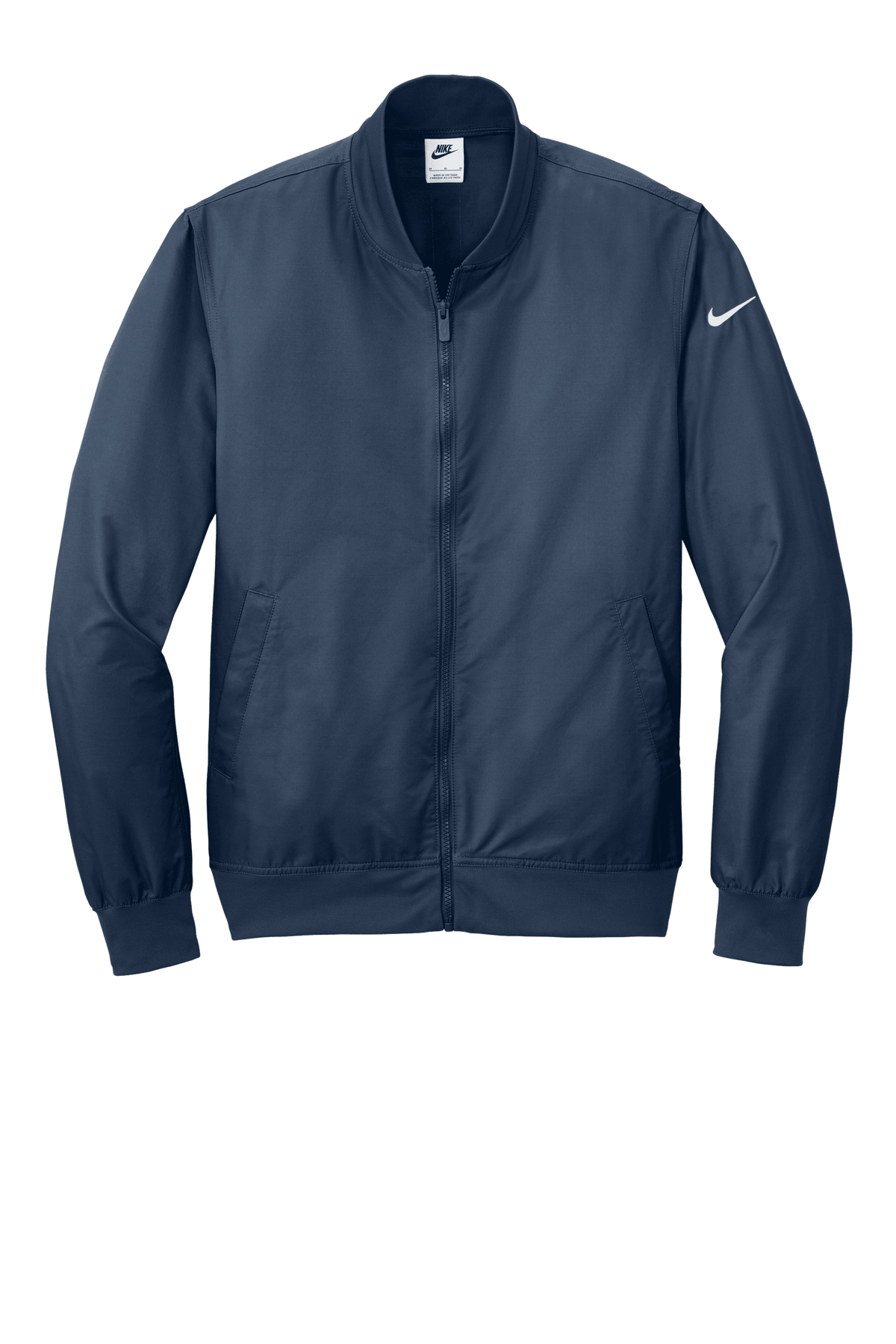 Nike lightweight navy bomber jacket shown from the front, featuring a sleek design and customizable print options.