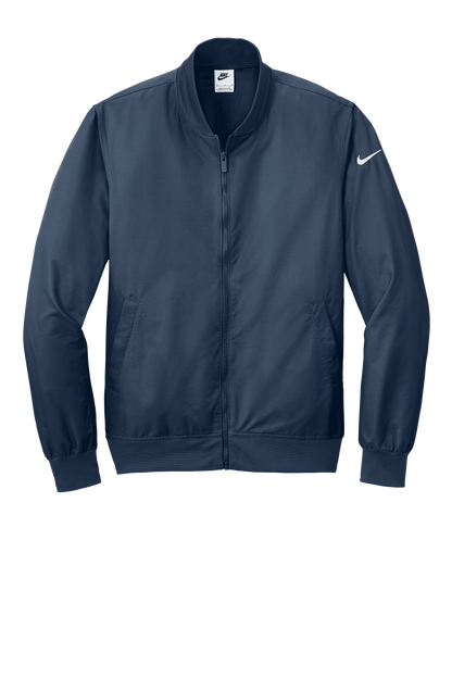 Nike lightweight navy bomber jacket shown from the front, featuring a sleek design and customizable print options.
