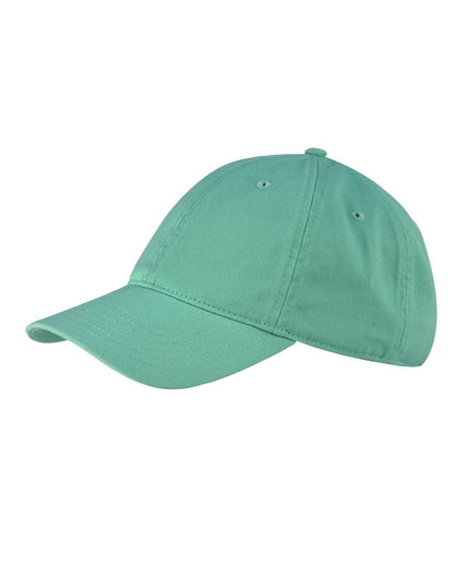 Mint-colored Print-View unstructured baseball cap with printed design, shown from the left side.