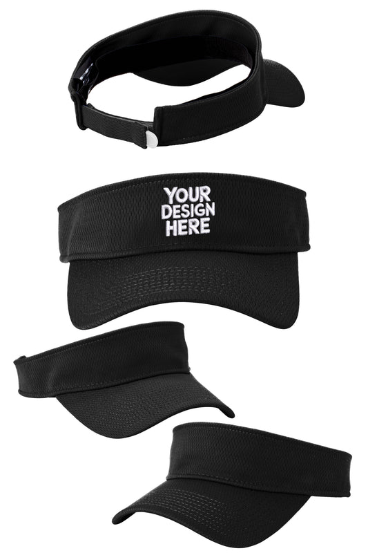 Black Custom New Era visor with flat back brim, featuring the Print-View logo on the front for personalized style.