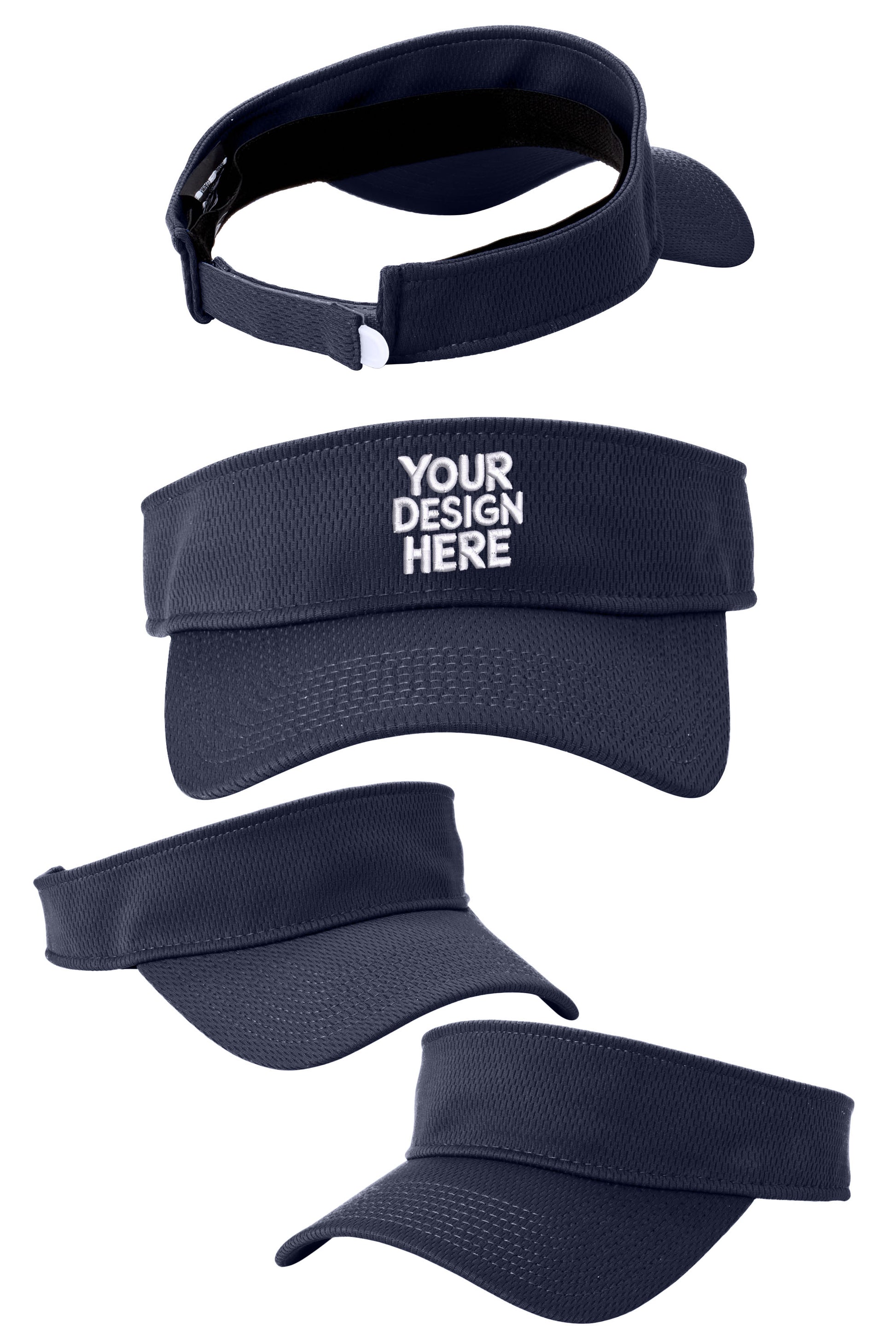 Black Custom New Era visor with flat brim, featuring adjustable strap and printed design, ideal for sports or casual wear.