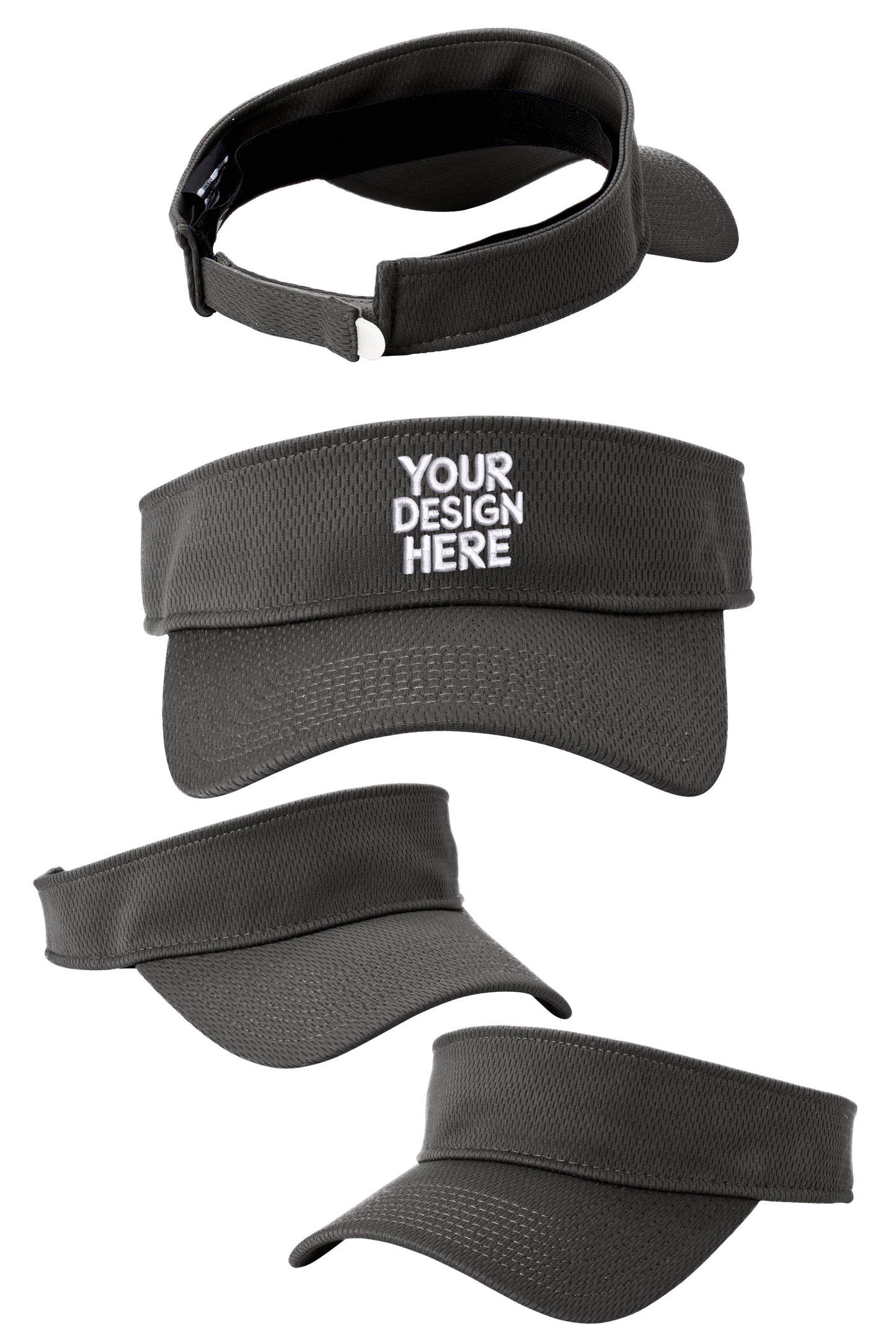 Black custom New Era visor by Print-View with flat back design, adjustable strap, and embroidered logo on front.