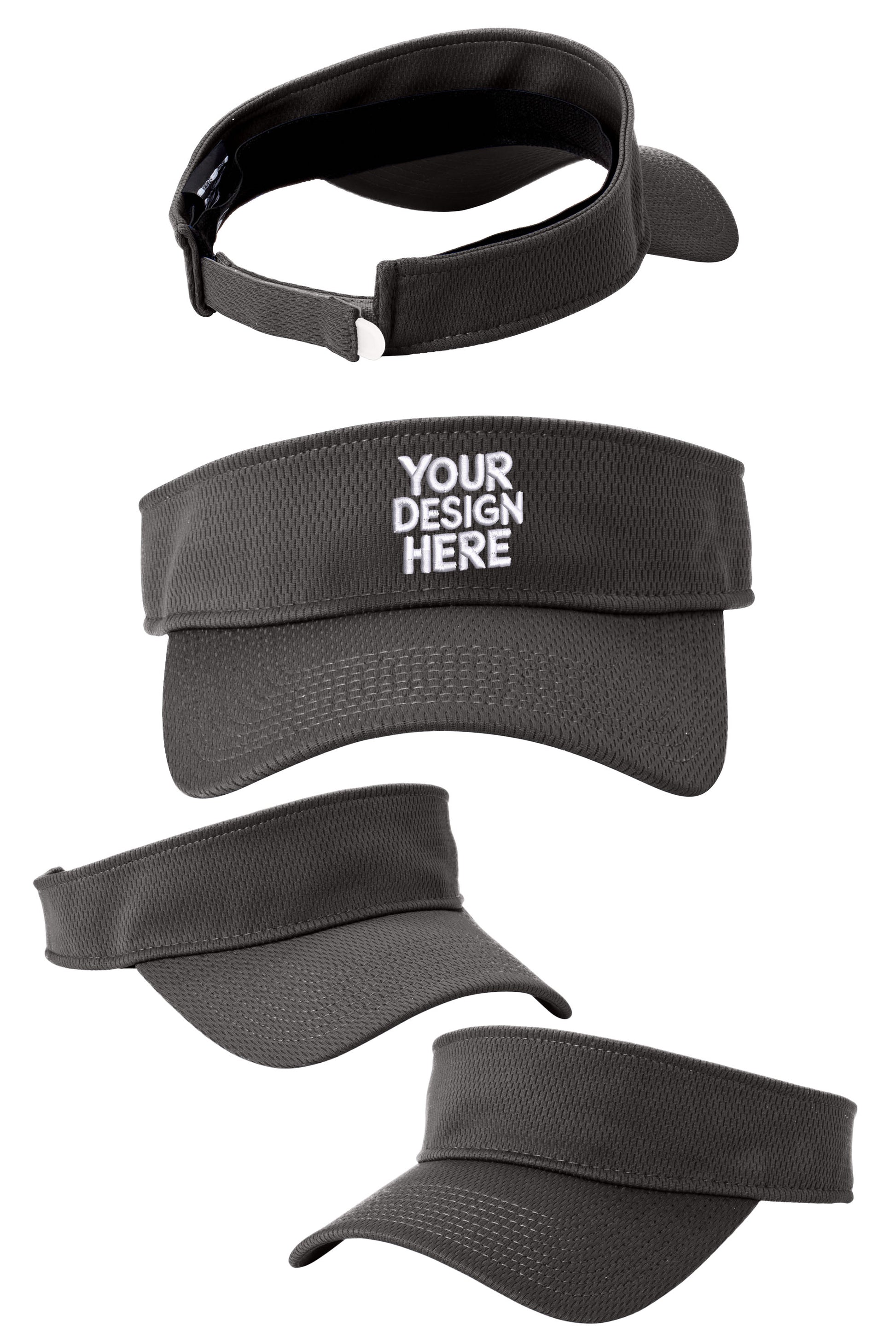Black custom New Era visor by Print-View with flat back design, adjustable strap, and embroidered logo on front.