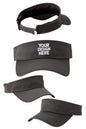 Black custom New Era visor by Print-View with flat back design, adjustable strap, and embroidered logo on front.