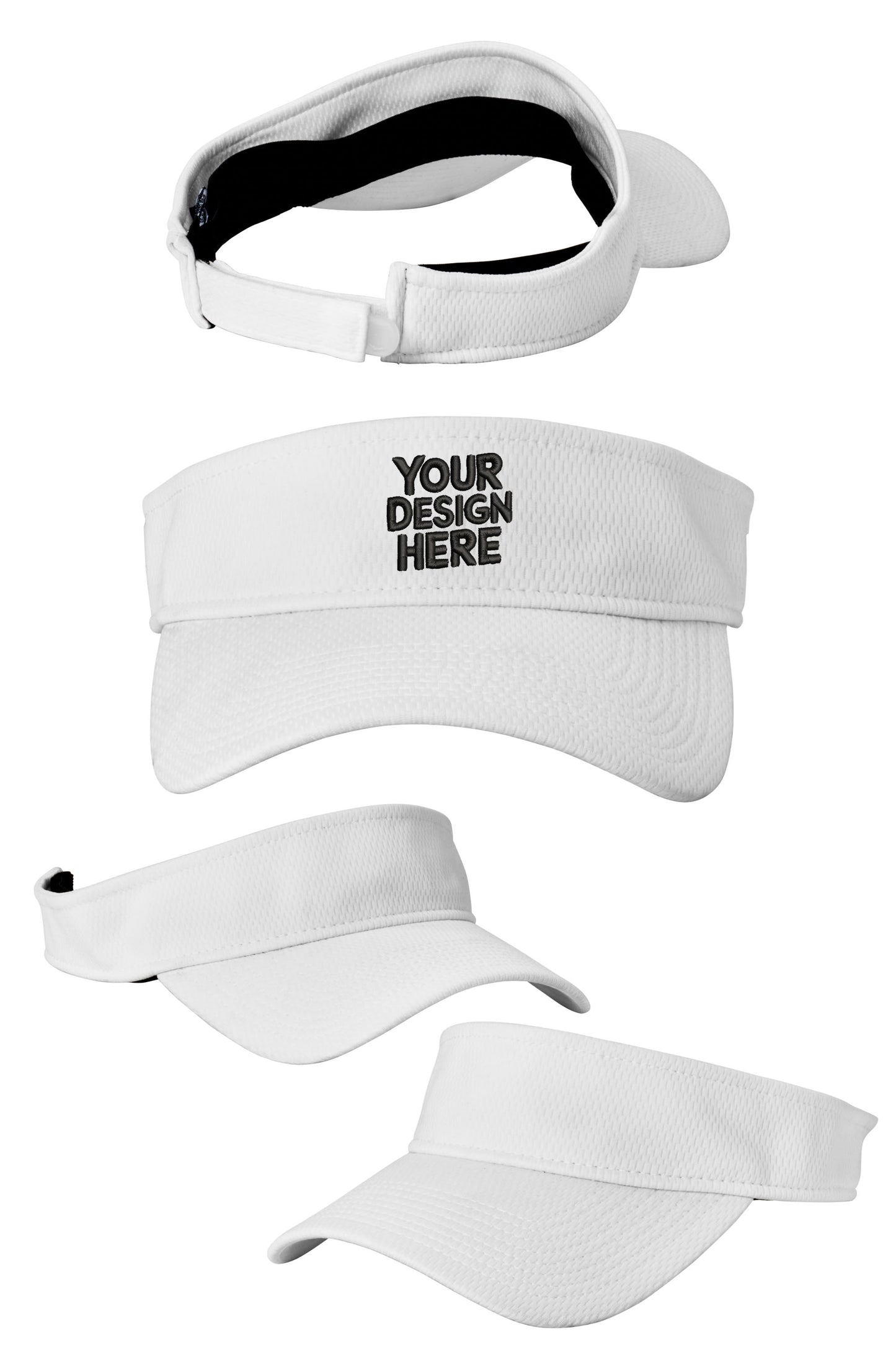 Black Custom New Era Visor by Print-View with flat back and adjustable strap, designed for personalized sports or casual wear.