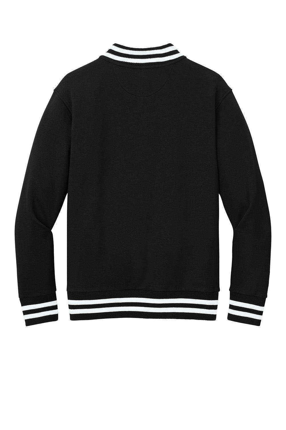Black New Era varsity heavyweight fleece jacket with ribbed cuffs and collar, front button closure, and Print-View branding.