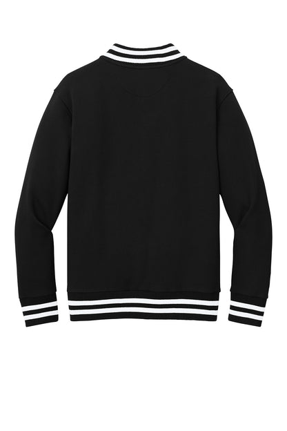 Black New Era varsity heavyweight fleece jacket with ribbed cuffs and collar, front button closure, and Print-View branding.