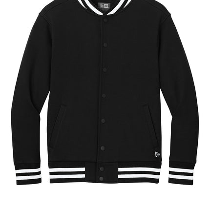 New Era Varsity Heavyweight Fleece Jacket front view in black — classic varsity look, ribbed collar and cuffs, Print-View personalization