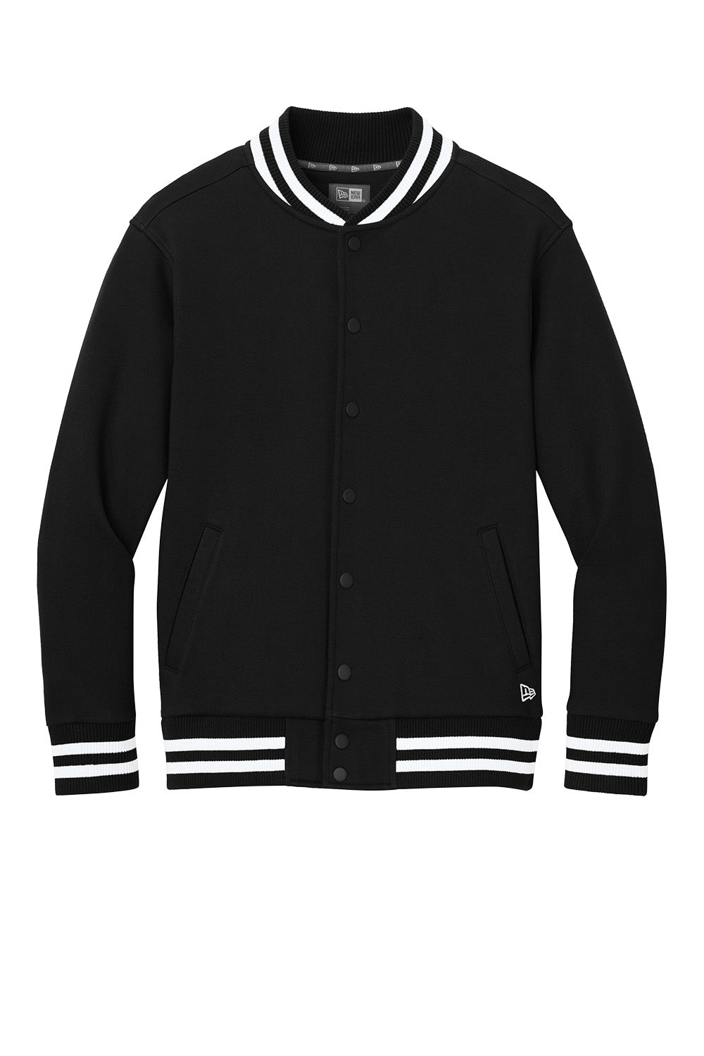 Black New Era varsity heavyweight fleece jacket with front pockets and ribbed cuffs, crafted by Print-View.