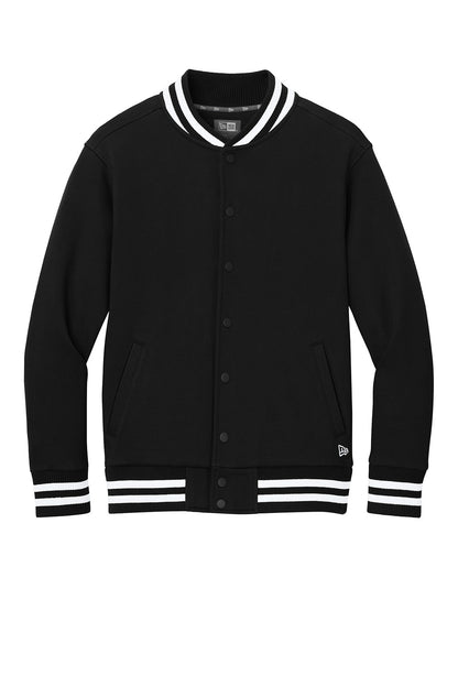 Black New Era varsity heavyweight fleece jacket with front pockets and ribbed cuffs, crafted by Print-View.