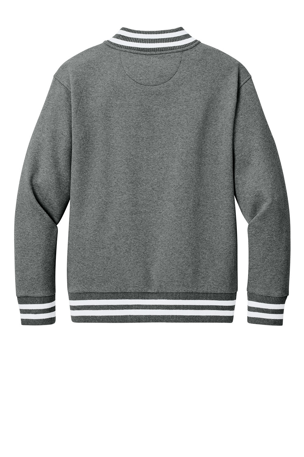 Gray New Era varsity heavyweight fleece jacket with front snap buttons and ribbed cuffs, designed for warmth and style.