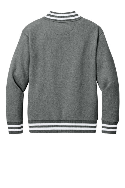 Gray New Era varsity heavyweight fleece jacket with front snap buttons and ribbed cuffs, designed for warmth and style.