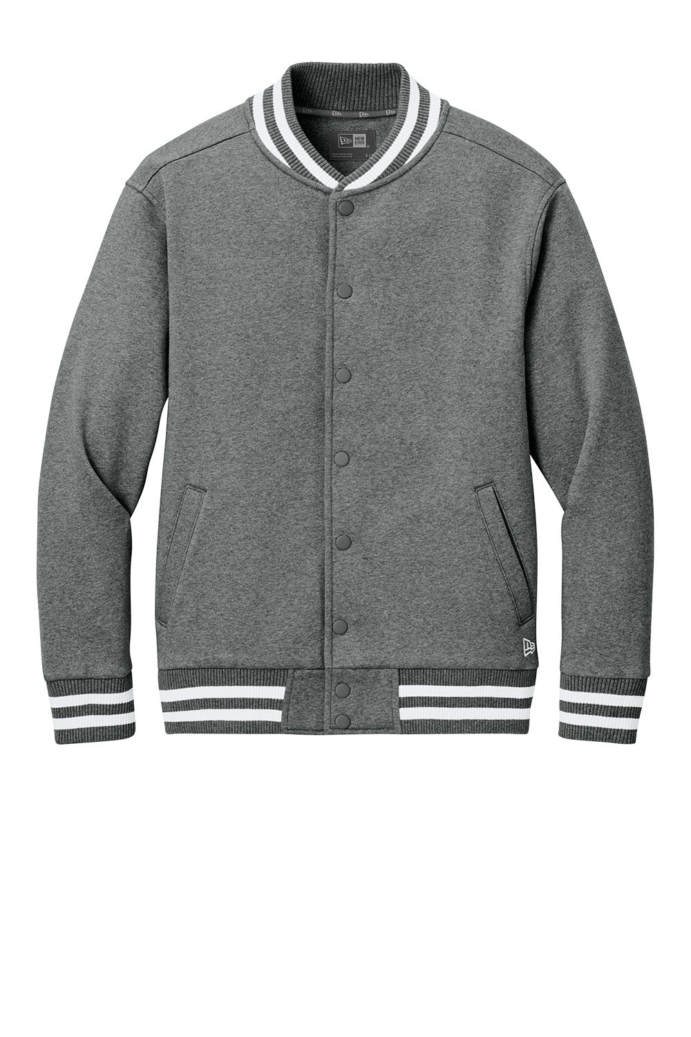 Grey New Era varsity heavyweight fleece jacket with front view, showcasing classic varsity style and cozy fabric.