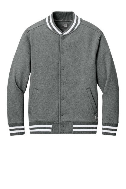 Grey New Era varsity heavyweight fleece jacket with front view, showcasing classic varsity style and cozy fabric.