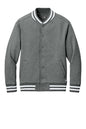 Grey New Era varsity heavyweight fleece jacket with front view, showcasing classic varsity style and cozy fabric.