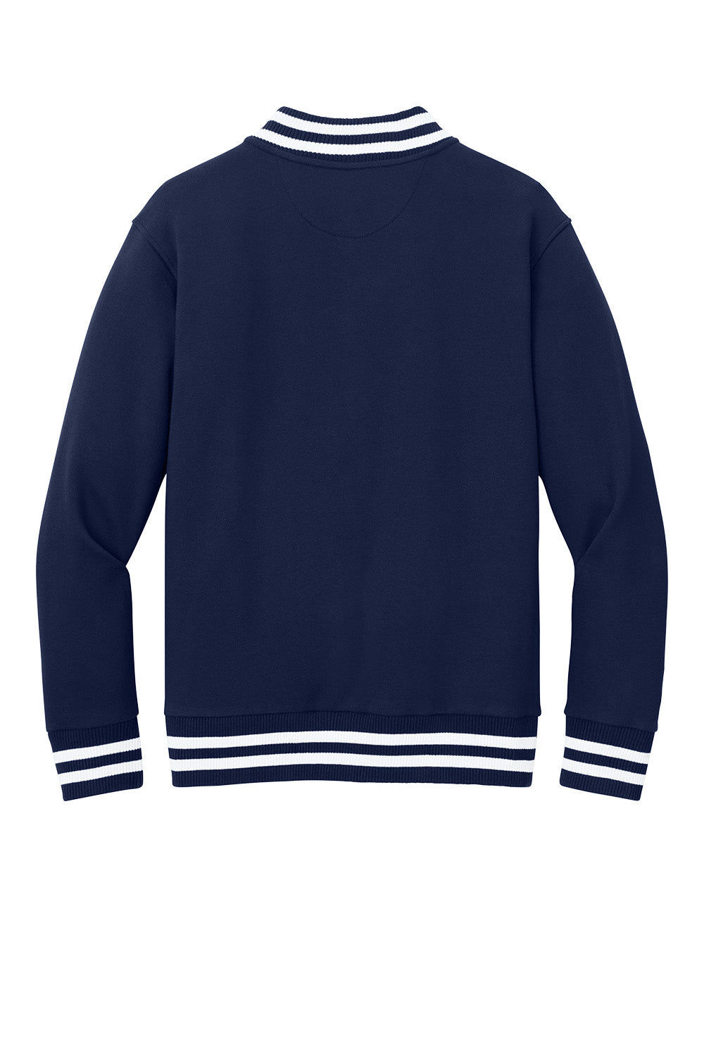 New Era varsity heavyweight fleece jacket in true navy with flat back design, featuring classic varsity style and warm fleece material.