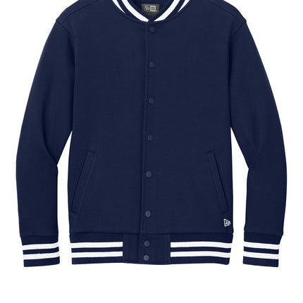 New Era Varsity Heavyweight Fleece Jacket front view in TrueNavy— personalized varsity style jacket with welt pockets by Print-View