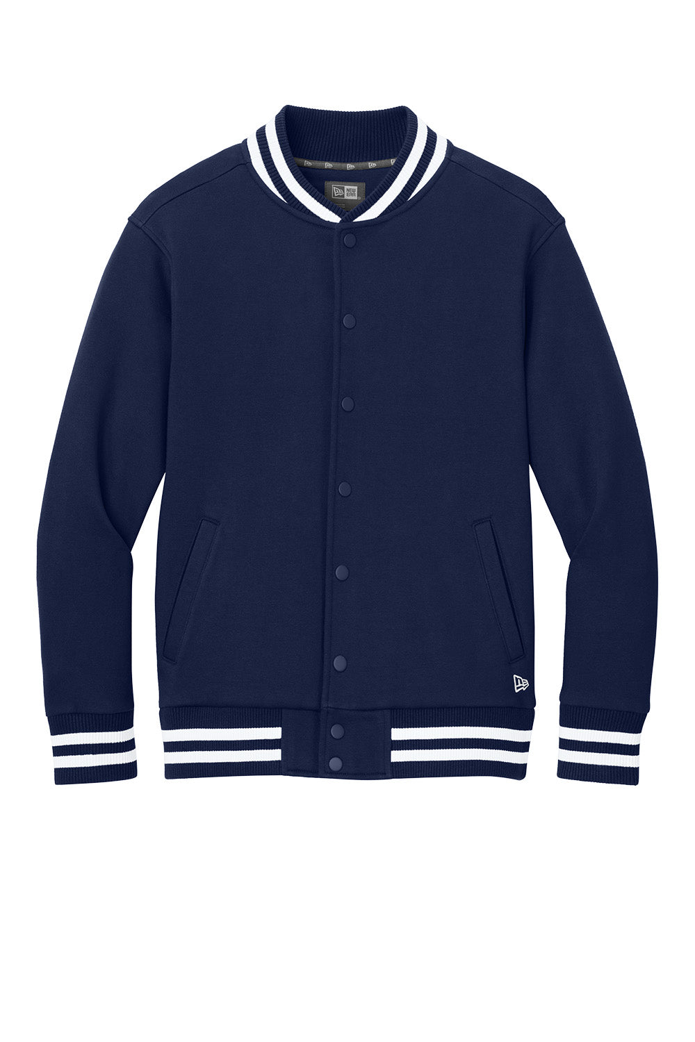 New Era varsity heavyweight fleece jacket in true navy, front view showing ribbed collar and buttoned front.