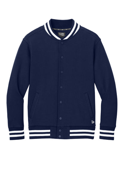 New Era varsity heavyweight fleece jacket in true navy, front view showing ribbed collar and buttoned front.