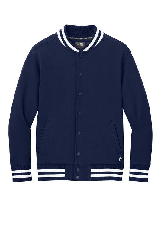 New Era varsity heavyweight fleece jacket in true navy, front view showing ribbed collar and buttoned front.