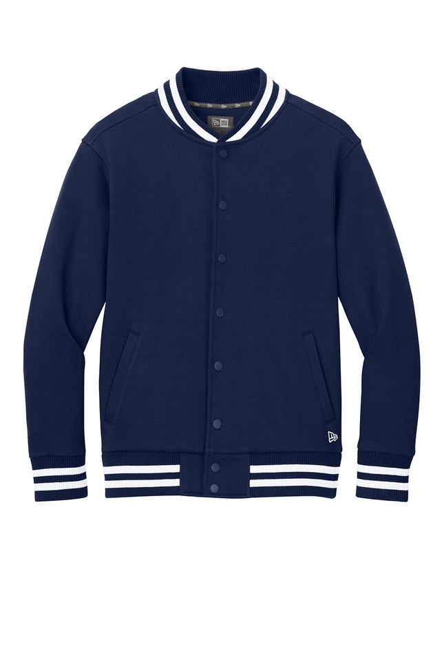New Era Varsity Heavyweight Fleece Jacket front view in TrueNavy— personalized varsity style jacket with welt pockets by Print-View
