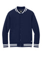 New Era varsity heavyweight fleece jacket in true navy, front view showing ribbed collar and buttoned front.