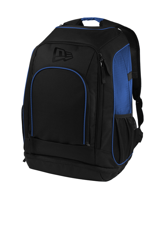 Print-View New Era® Shutout Backpack in royal black, angled view showing adjustable shoulder straps and front zip compartments.