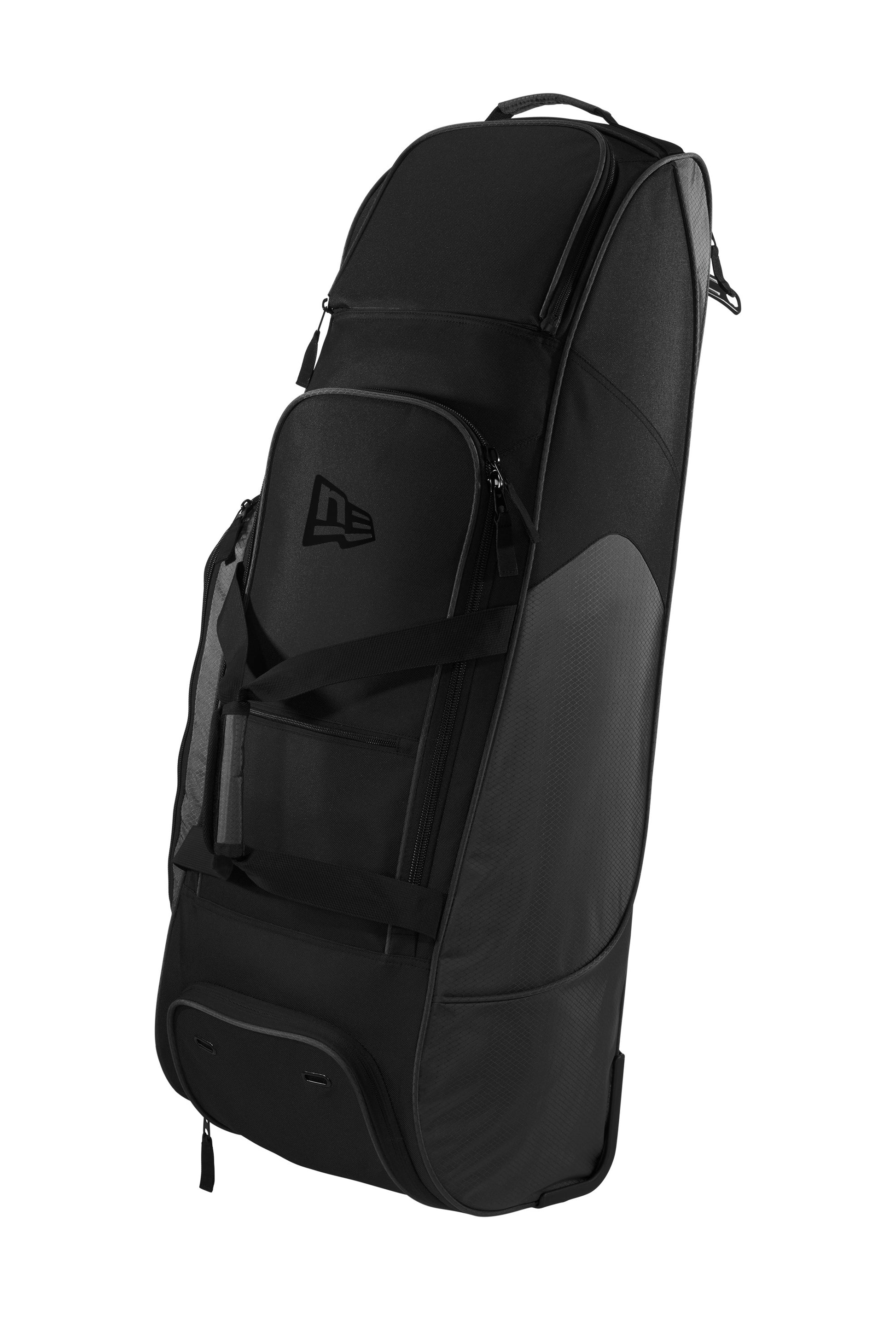 New Era Shutout wheeled bat bag in graphite black with handles and wheels, designed for baseball or softball gear storage.