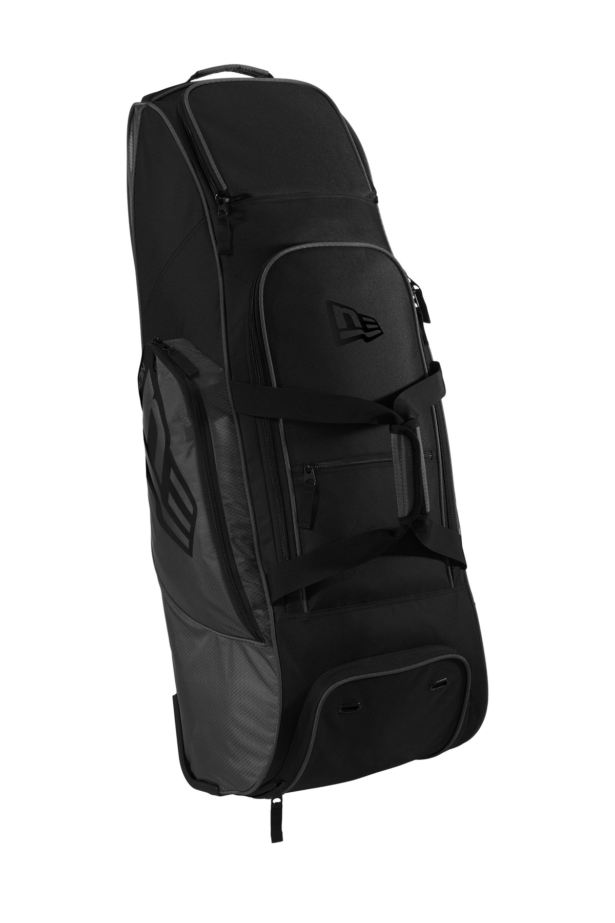 New Era Shutout Wheeled Bat Bag in graphite black, angled view showing sturdy backpack design with wheels and multiple compartments.