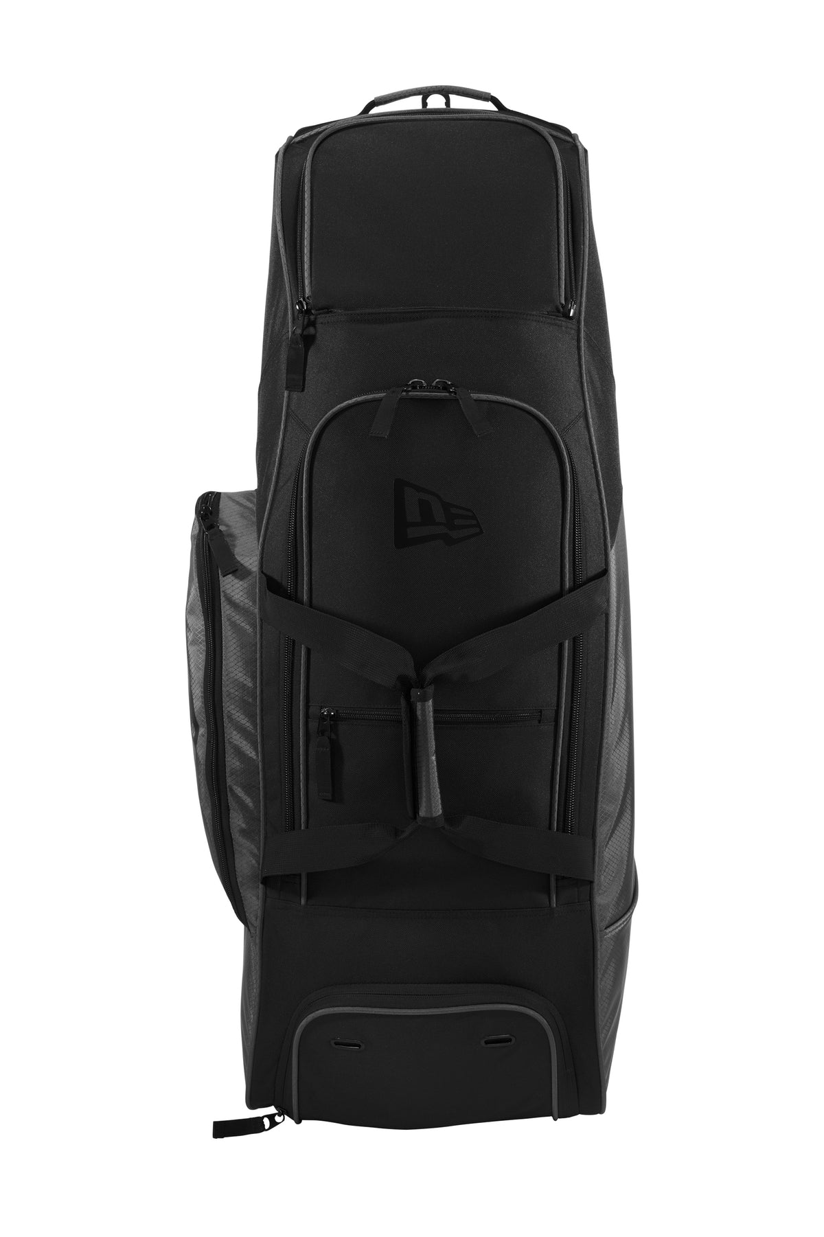 New Era Shutout wheeled bat bag in graphite black with front view, featuring multiple compartments and sturdy wheels for easy transport.