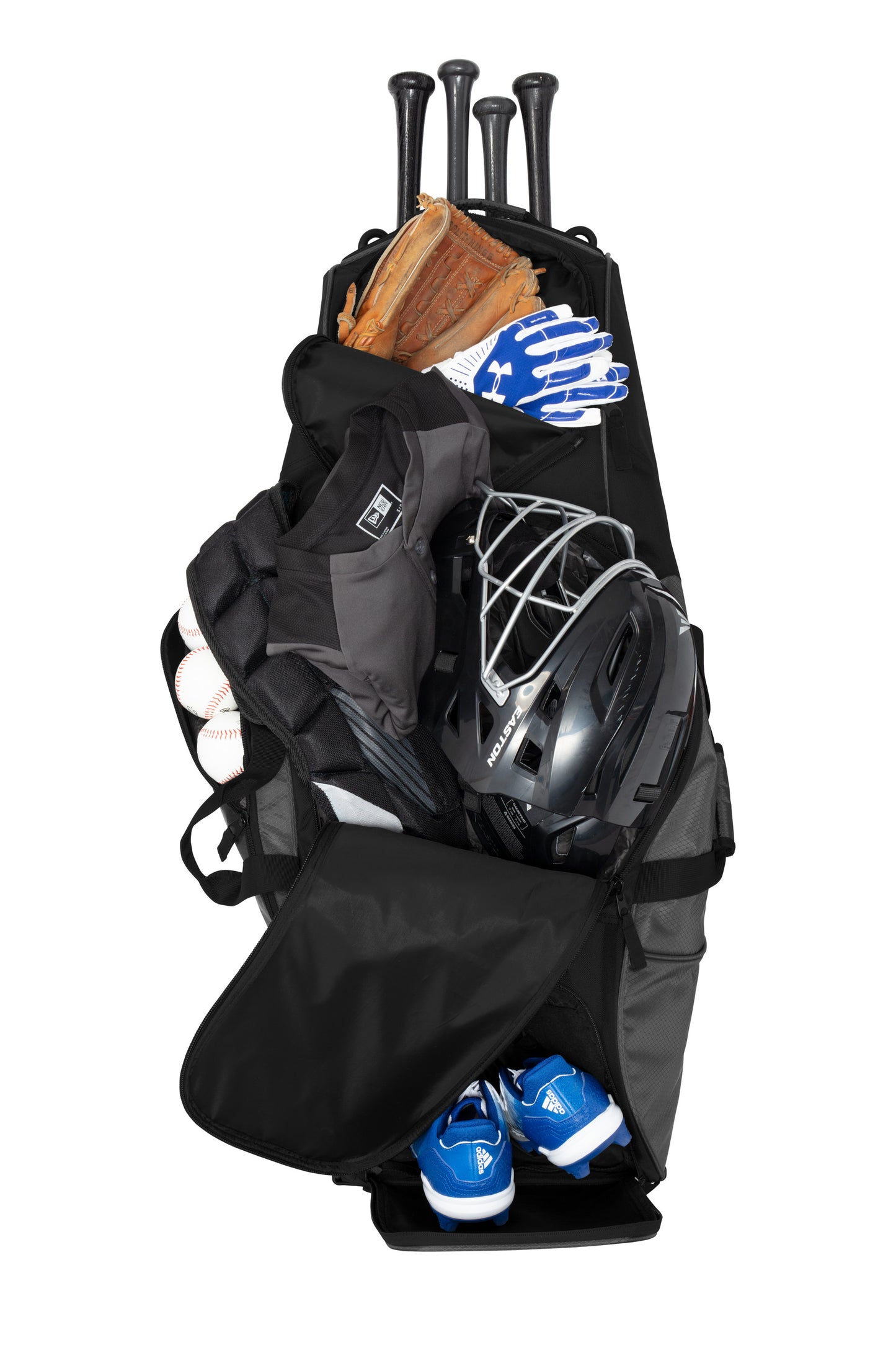 New Era Shutout Wheeled Bat Bag backpack in graphite black with wheels, durable fabric, and multiple compartments for baseball gear.