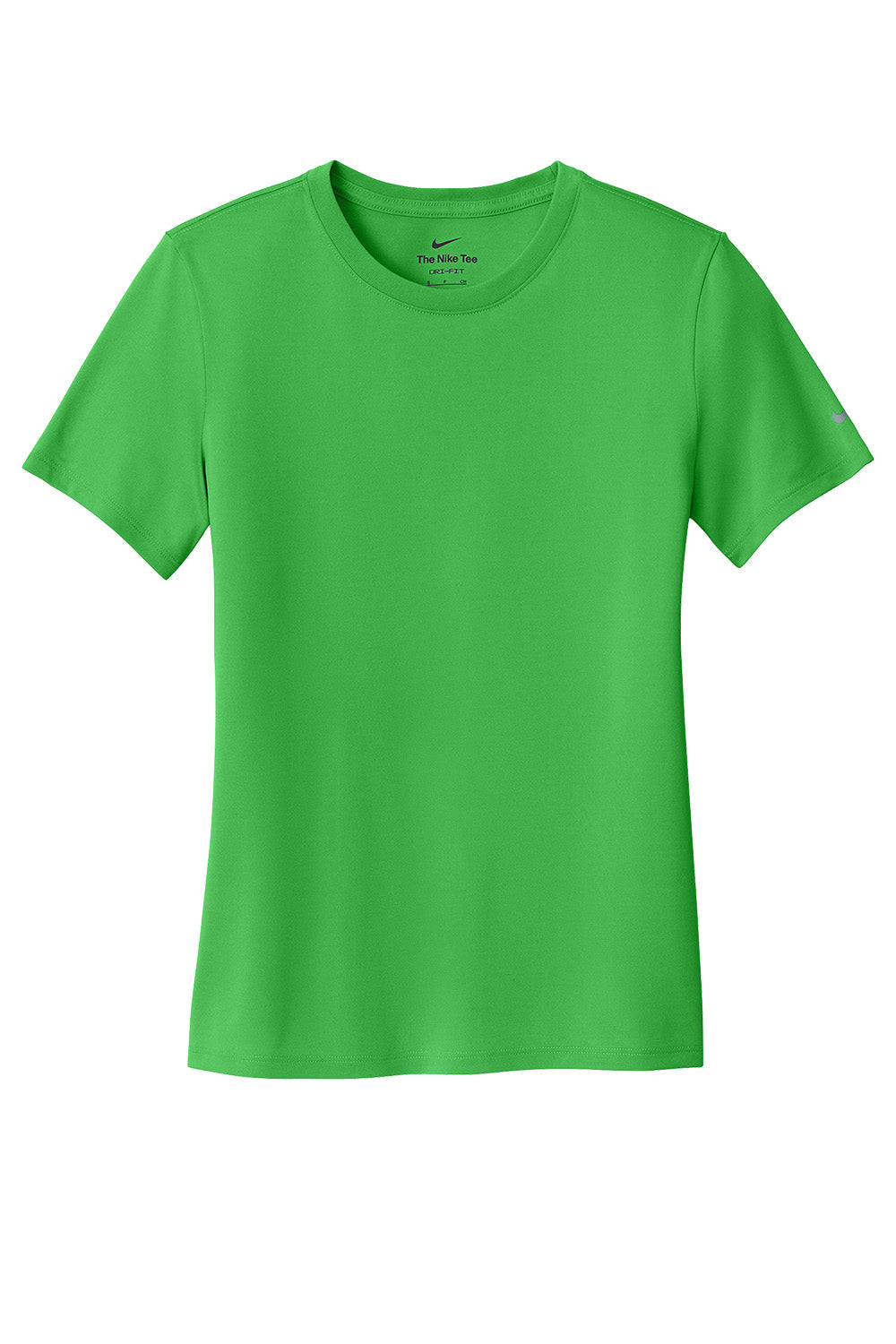 Nike Women's Swoosh Sleeve Legend T-shirt in apple green, featuring a front view with Nike logo and sleeve design.