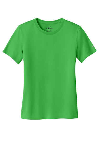 Nike Women's Swoosh Sleeve Legend T-shirt in apple green, featuring a front view with Nike logo and sleeve design.